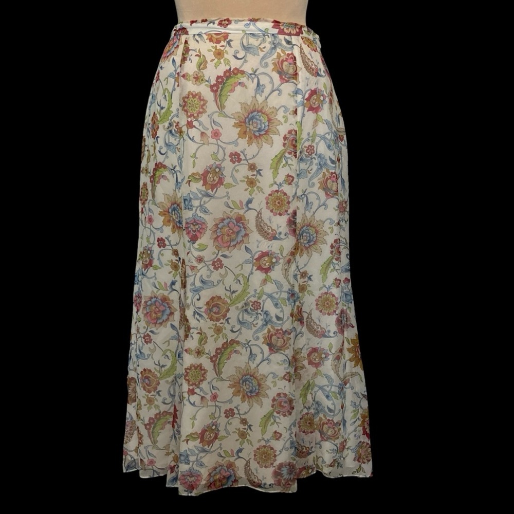Peck & Peck 100% Silk Godet Midi Skirt w/Floral Paisley on Cream Background
